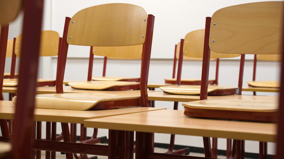 A modern and empty classroom featuring wooden chairs and desks with a focus on education and learning spaces